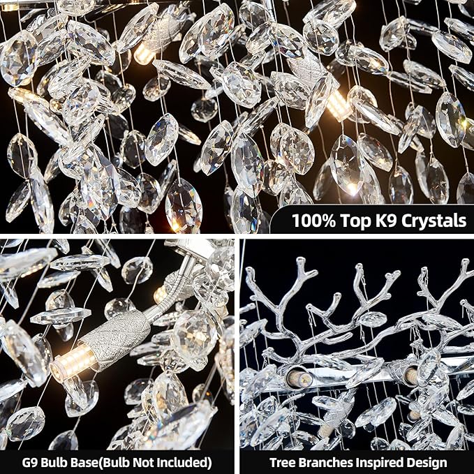 14 Light Modern Tree Branch Chandelier, 47.3" Chrome Rectangular Raindrop Chandelier for Dining Room, Foyer, Kitchen Island Contemporary K9 Crystal Pendant Light Fixture