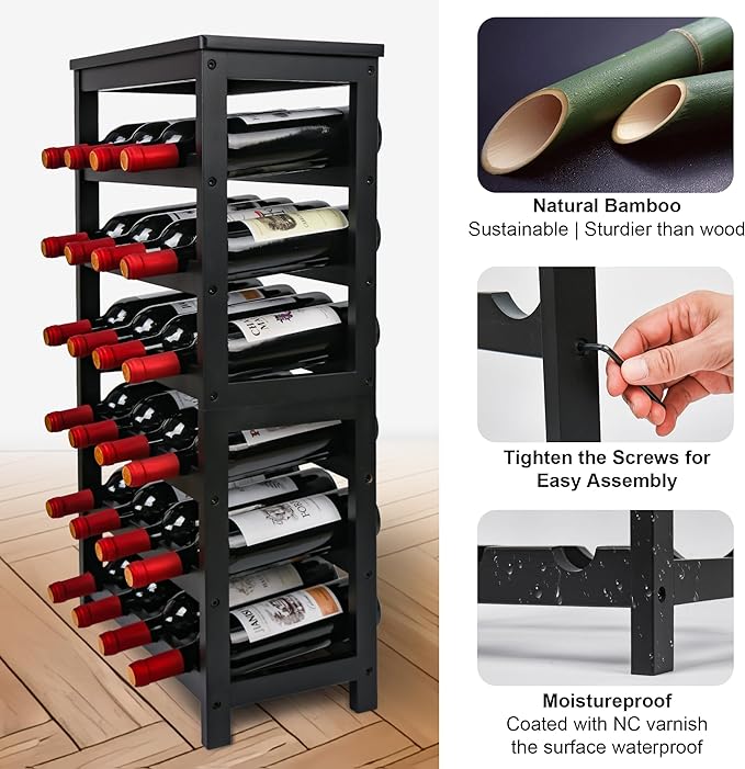 VASMIA Wine Rack Freestanding Floor, 6-Tier Display Wine Storage Shelves with Table Top, 24-Botttle Bamboo Wine Rack Shelf for Kitchen Bar Dining Room Living Room, Black