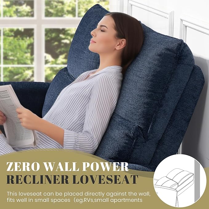 53.5" Zero Wall Hugger Power Reclining Loveseat Sofa with USB & Type-C Ports, Electric Recliner Loveseat with Lumbar Pillows, Small Space Wall Hugger Reclining Couch for Living Room & RV (Navy Blue)