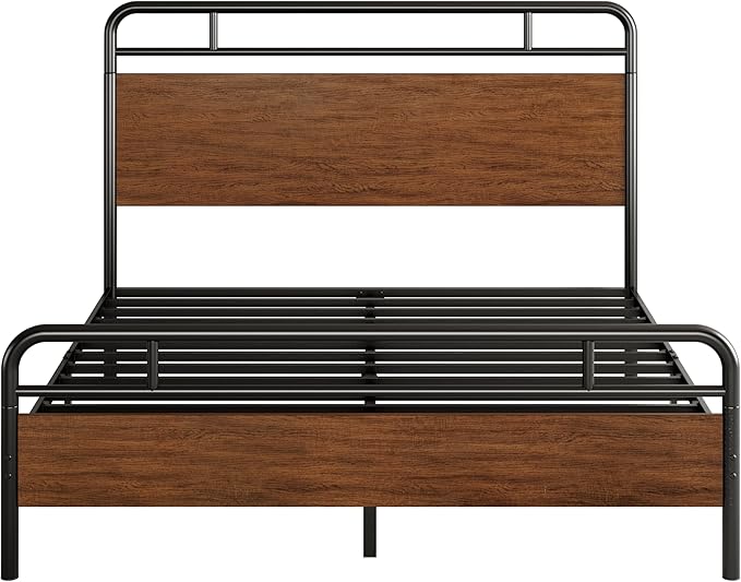 SHA CERLIN Queen Size Bed Frame with Wooden Headboard and Footboard, Rounded Corner Metal Structure, Heavy Duty Slats with Under-Bed Storage, No Box Spring Needed, Walnut