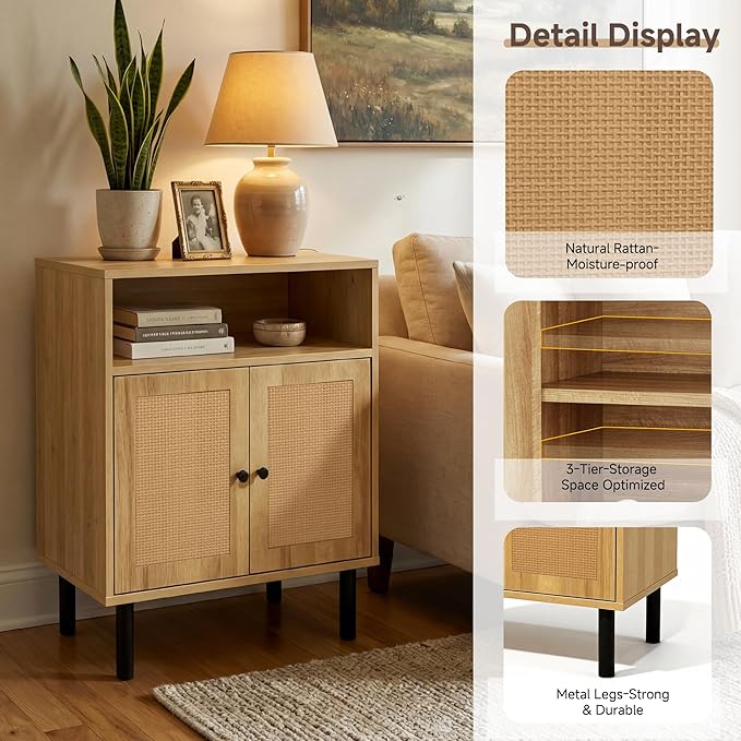 Narrow Storage Cabinet with Rattan Doors, 32" Tall Small Cabinet for Bathroom, Small Space Hallway Entryway, Free-Standing Sideboard for Laundry Room Kitchen, Easy Assembly(Dark Oak)