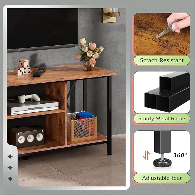 WLIVE Industrial TV Stand for up to 45 inch TV, Heavy-Duty Metal Frame Entertainment Center, Compact Media Console with Adjustable Shelf & Cable Management for Small Spaces, Living Room, Rustic Brown