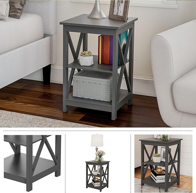 Side Tables with Two Shelves – Set of 2 Contemporary Nightstands with X-Legs – Wooden End Table Pair for Living Room or Bedroom by Lavish Home (Gray)
