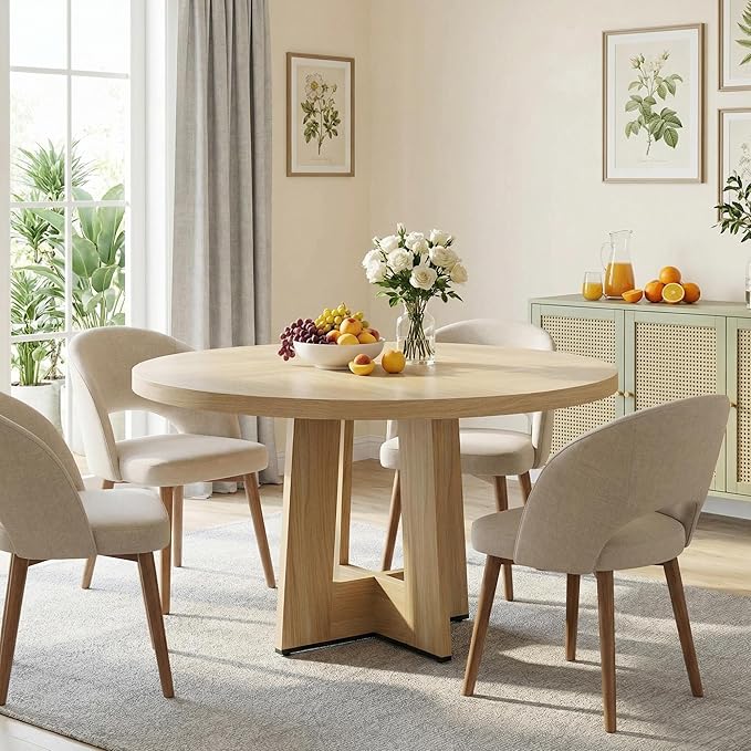 IDEALHOUSE 47" Round Dining Table, Kitchen Table for 4-6 People, Circle Tables with Sturdy Pedestal Base, Space Saving Dinning Room Furniture for Living Room, Kitchen, Apartment, Natural