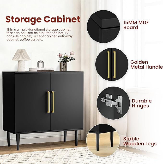 Black Buffet Cabinet, Free Standing Sideboard with Storage, Wood Accent Cabinet with Doors,Modern Credenza, Sideboard Storage Cabinet for Living Room, Dining Room(1, Black & Gold)