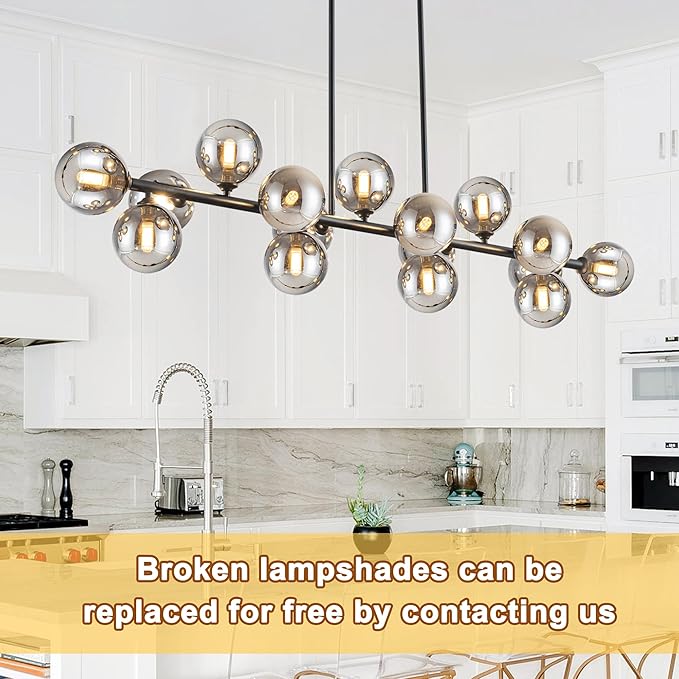 Chandelier,16-Light Black Linear Sputnik Chandelier 55inch Large Pendant Lights Kitchen Island Modern Chandeliers for Dining Room Light Bubble Gray Globe Kitchen Island chandelier Farmhouse Chandelier