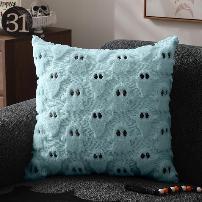 DFXSZ Halloween Pillow Covers 16x16 inch Set of 2 Blue Ghost Throw Pillow Cases Soft Plush Faux Fur Wool Couch Cushion Case for Chair Sofa Bedroom Living Room Home Decor PTK03G16