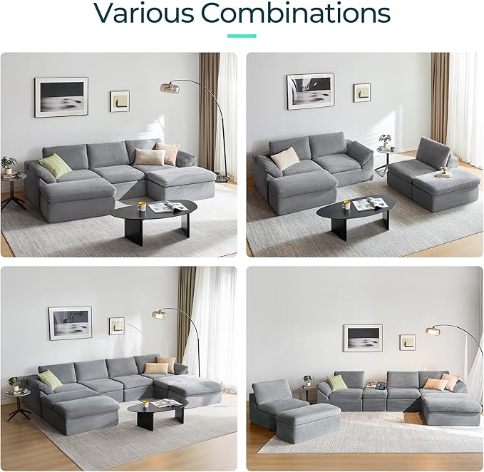 LINSY HOME 109" Modular Couch Modern Boneless Cloud Couch, U Shaped Sofa with Movable Ottomans, Deep Seat Corduroy Sectional Couches for Living Room, Apartment, No Assembly Required, Grey