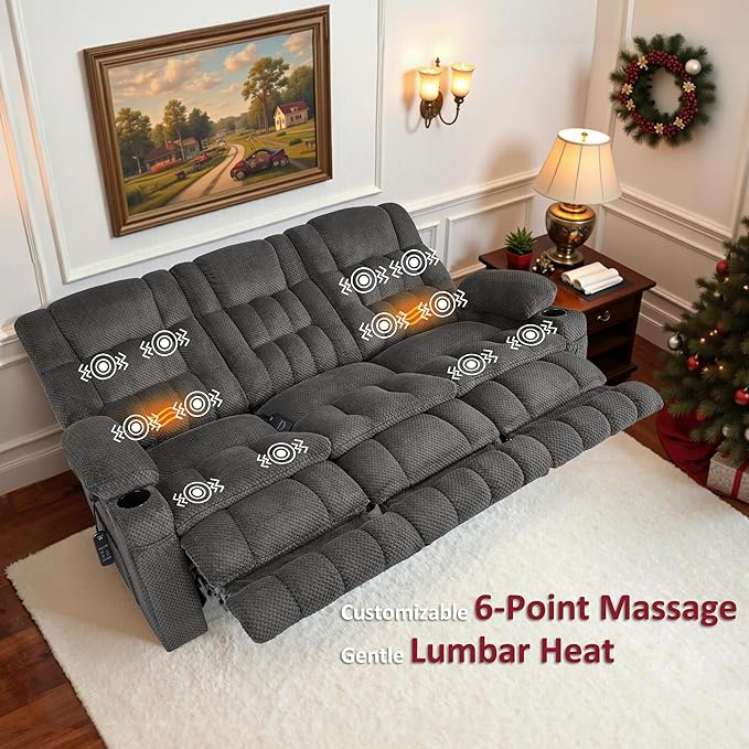 MCombo 80.7" W 3 Seater Power Reclining Sofa with Heat and Vibration Massage, Zero Gravity Recliner Sofa Couch for Living Room, Fabric 6316M3 (Dark Grey, 3-Seater)