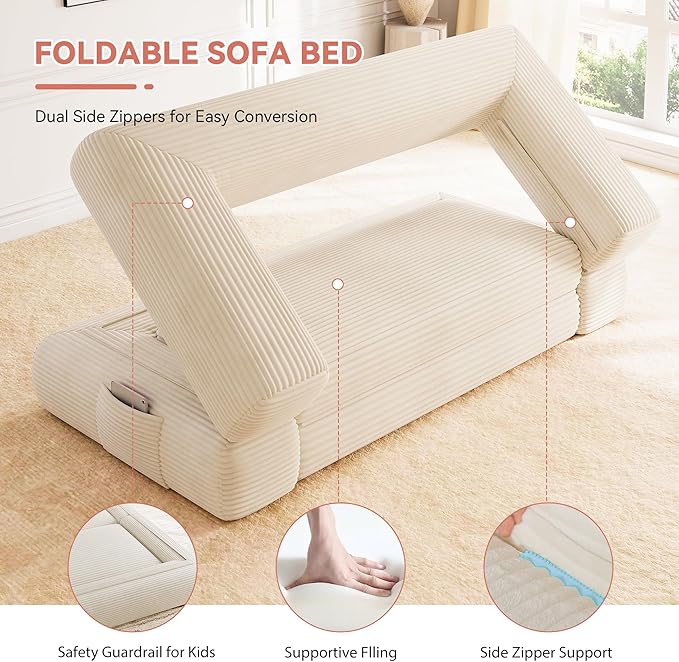 Jocoevol 4-in-1 Convertible Folding Sofa Bed, 68"L x 78"W Queen Size Foldable Sleeper Sofa Bed, Wide Corduroy Upholstery, Boneless Mattress Couch with Armrests & Neck Pillow for Living/Bedroom, Beige