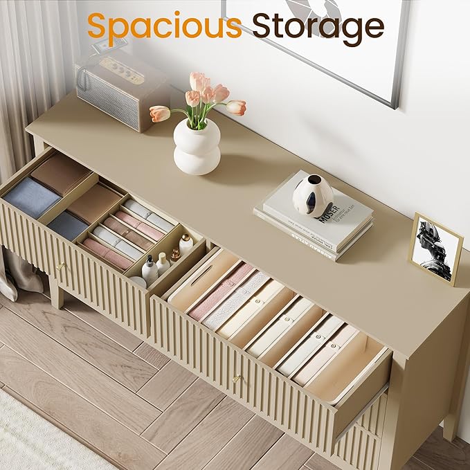 RoyalCraft 6 Drawer Dresser Set of 2, Fluted Modern Wood Dresser, Double Chest of Drawers for Bedroom, TV Stand Storage Cabinet for Living Room, Beige