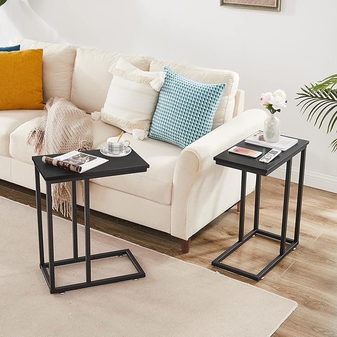 VECELO Universal C-Shaped Side Table, Multi-Functional Snack & TV Tray for Living Room, Bedroom, Black (1 Set)