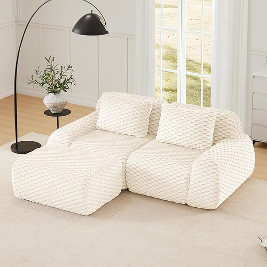 KEIKI 81.9" Loveseat Boneless Couches for Small Living Room, Modern Modular Sectional Velvet Sofa with Ottoman, Soft Deep Seat Relaxing Couch for Apartment Furniture, Chaise Lounge Indoor, Cream