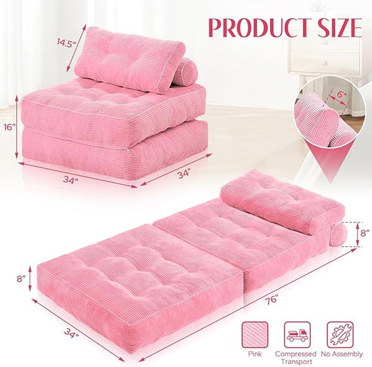 HABUTWAY Folding Sofa Bed, Convertible Sleeper Chair Bed w/Dual-Pillow & Handle, Foldable Floor Sofa Lounge w/Back Support for Living Room, Bedroom, Apartment, Office, Single, Pink