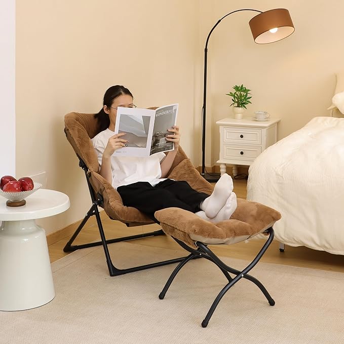 Comfy Saucer Chair for Adults, Soft Faux Fur Bedroom Chair with Ottoman, Accent Dorm Chairs, Living Room Reading Chairs and Footstool, Folding Seat for Teens, X-Large, Brown