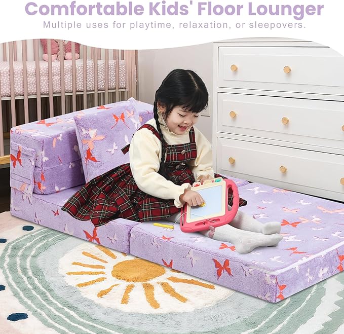 MeMoreCool Foldable Futon Chair Bed for Kids, Glow Tri-fold Sofa Bed Convertible Toddler Sofa Mattress, Foam Floor Couch for Sitting, Purple