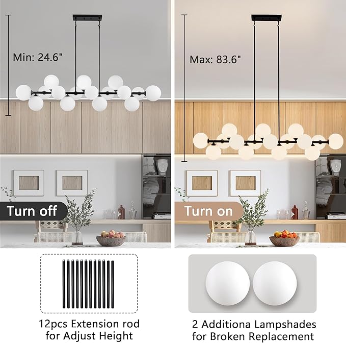 Linear Chandeliers for Dining Room, 55in Sputnik Chandeliers 16-Light Glass Globe Chandelier Black Milk White Bubble Modern Chandelier Large Pendant Lights Kitchen Island Lighting