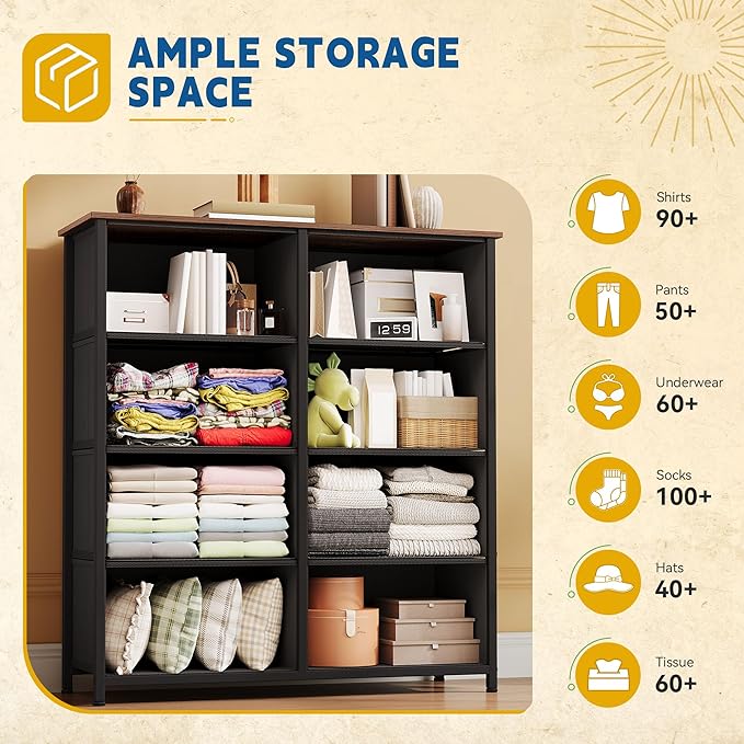 DWVO Dresser for Bedroom, Fabric Dresser with 8 Drawers, Tall Double Drawer Chest of Drawers for Closet, Living Room, Sturdy Steel Frame, Wooden Top, Easy Pull Handle