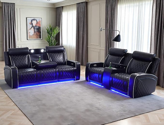 Power Recliner Sofa Set, 2PC Living Room Furniture Set with Cup Holders, Black Breathing Leather Reclining Sofa and Loveseat with LED Lights/Charging Ports/Storage Console for Living Room/Office