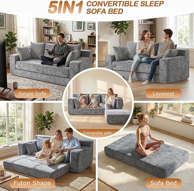 Convertible Sofa Bed, 5 in 1 Small Boneless Couch Pull Out Loveseat Sleeper Sofa,Corduroy Futon Couch Folding Mattress with 4 Pillows for Living Room Bedroom Lounge (Light Gray, 3 Seater)