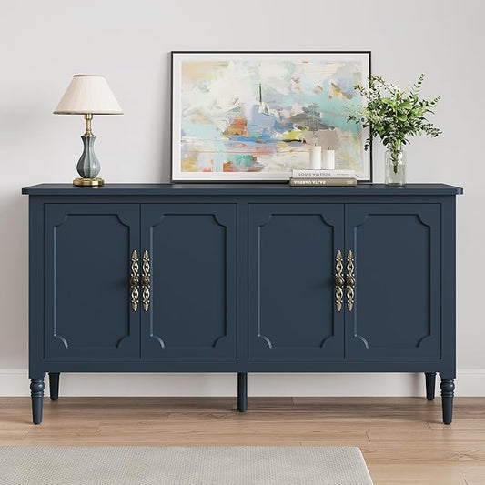 Console Cabinet, 58" Mid Century Modern Pantry Cabinet, Wood Buffet Cabinet, Media Cabinet with 4 Doors, Accent Sideboard for Entryway, Living Room, Dining Room (Blue)