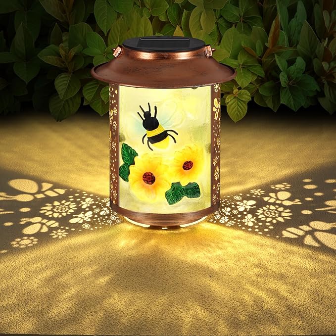 Bees Solar Lanterns Outdoor Waterproof,Birthday Gifts for Women Mom Grandma Garden Decor,Hanging Solar Lights Wall Mount Decorations for Yard,Front Porch,Patio,Lawn Pathway Landscape