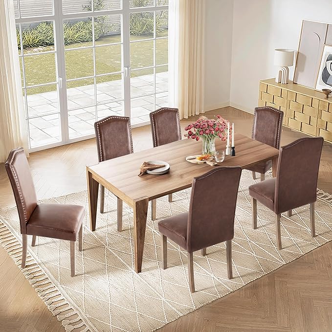 Upholstered Dining Chair Modern Stylish Parsons Kitchen Diner High Back with Silver Nailhead Trim & Wood Legs, Set of 4, PU Leather Light Brown