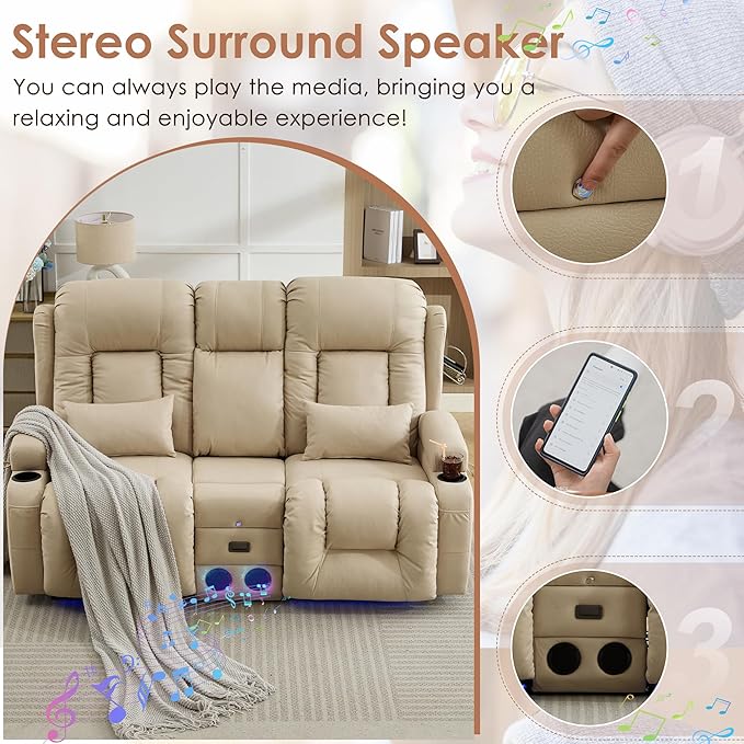 TUNYI Wall Hugger Loveseat Recliner Sofa with Console, Power Reclining Loveseat RV Couch with Massage & Heat/USB/Outlet/Storage/LED Light/Speaker (Beige)