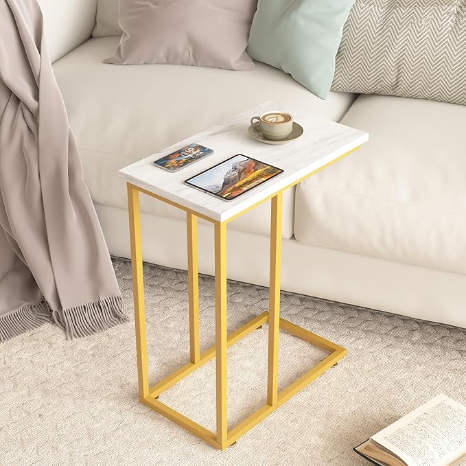 VECELO Universal C-Shaped Side Table, Multi-Functional Snack & TV Tray for Living Room, Bedroom, Gold (1 Set)