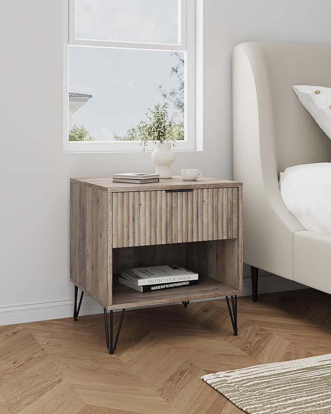 Manhattan Comfort Dumbo Fluted Nightstand with Drawer and Open Shelf, Gold Hairpin Legs and Metal Handle, Snap Tool-Free Assembly, Bedside Accent Table for Bedroom, Office, Living Room in Rustic Grey