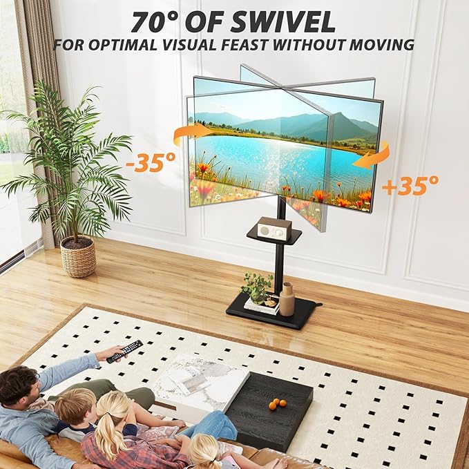 TVON Floor TV Stand with Shelf, TV Mount Stand for 32-60 inch TVs up to 88 lbs, Swivel TV Stand Mount with Height Adjustment and Safety Wood Base for Office, Corner, Max VESA 400x400mm