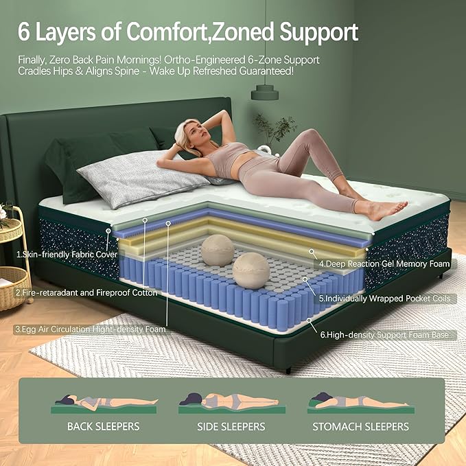 14 inch Queen Mattress,Hybrid Mattress in a Box,Queen Size Gel Memory Foam Mattress Individually Pocket Springs Pressure Relief & Motion Isolation CertiPUR-US Certified,Green