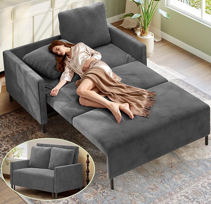 Welzona 47.2" Convertible Sofa Bed Couch, Comfy Corduroy Couch Bed, All in 1 Loveseat Sleeper Sofa, Love Seat Sleeper Bed 2 Pillows, Modern Couches for Living Room/Apartment/Home/Office, Classic Grey
