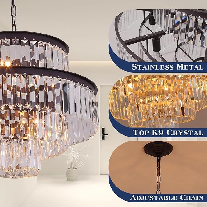 Crystal Chandelier Pendant Light Fixture 7-Light 4-Tier Brown Chandeliers for Dining Room, Bedroom, Entryway, Living Room