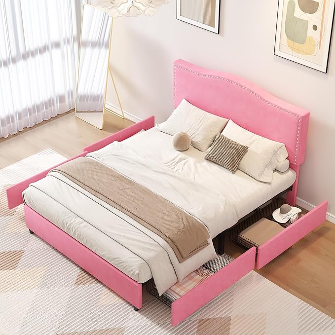 VECELO Full Bed Frame, Platform Bed Frame with Underbed Storage Drawers and Adjustable Height Upholstered Headboard, Heavy-Duty Frame and Strong Wooden Slats Support, Noise-Free, Easy Assembly, Pink