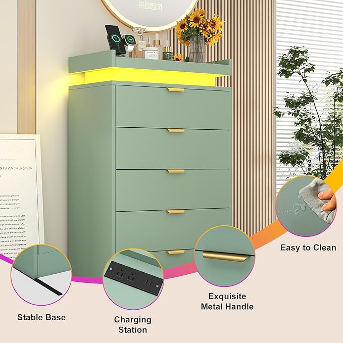 Tall Dresser for Bedroom, Dresser with LED Lights, Wood 5 Drawer Chest with Power Outlet, Modern Chest of Drawers for Bedroom, Living Room, Entryway, Hallway, Green