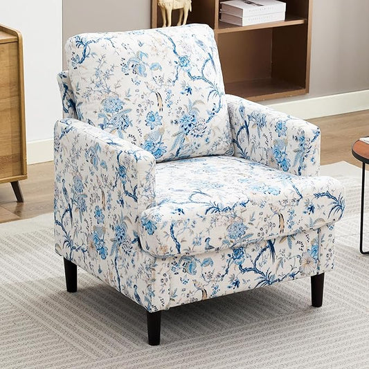 Mid-Century Accent Chair,Modern Linen Fabric Armchair for Living Room,Comfy Upholstered Reading Accent Chairs for Bedroom,Single Sofa Chair with Wood Legs (Blue Flowered Bird, 1 Pack)