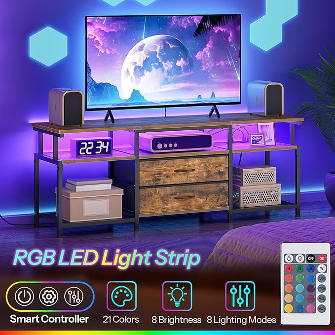 HOOBRO TV Stand with Power Outlet and LED Light, Entertainment Center for TVs Up to 65 Inch, Modern Media Console Table with 2 Non-Woven Drawers, for Living Room, Bedroom, Rustic Brown BF54UDDS01