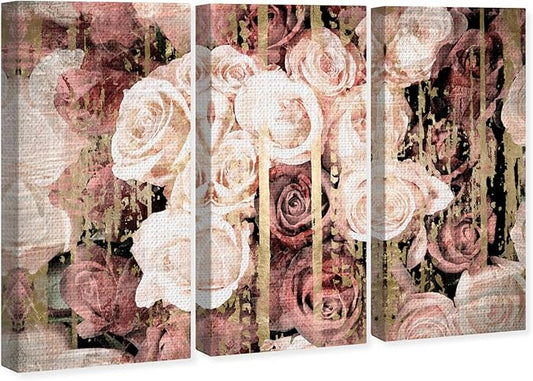 The Oliver Gal Artist Co. and Botanical 'Pink Rose Bouquet Three Piece' Florals by Oliver Gal Pink, Gold 3 Panel Wall Art Canvas Wall Art Ready to Hang Home Decor 40083 CANV XHD 3- piece 16x36, 3pc set
