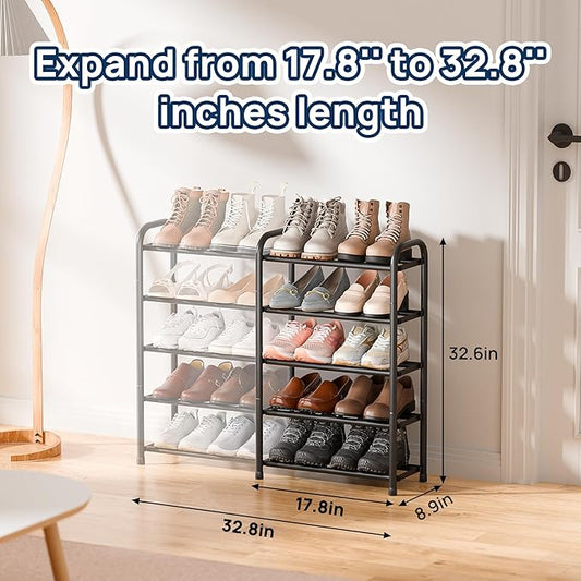 ENJOYBASICS Expandable Shoe Rack, 32.8'' Wide - 5 Tier Adjustable Shoe Organizer Shelf for Closet, 20 Pairs Black Metal Free Standing Shoe Rack Storage for Garage, Entryway