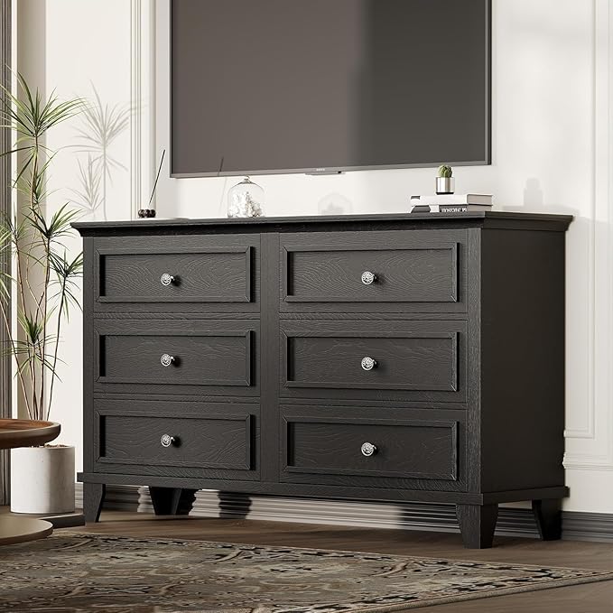 IDEALHOUSE 6 Drawer Dresser, Wooden Storage Chest of Drawers with Exquisite Metal Handles, Large Wide Dresser TV Stand, Modern Drawer Organizer for Bedroom, Living Room, Hallway, Entryway, Black