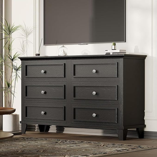 IDEALHOUSE 6 Drawer Dresser, Wooden Storage Chest of Drawers with Exquisite Metal Handles, Large Wide Dresser TV Stand, Modern Drawer Organizer for Bedroom, Living Room, Hallway, Entryway, Black