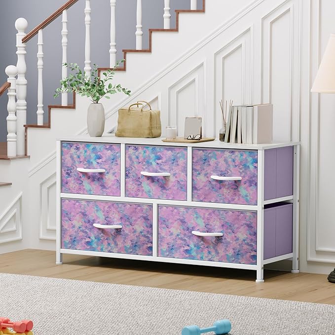 YITAHOME Wide Storage Tower with 5 Drawers - Purple Fabric Dresser, Organizer Unit for Bedroom, Living Room, Closets - Sturdy Steel Frame, Easy Pull Fabric Bins & Wooden Top