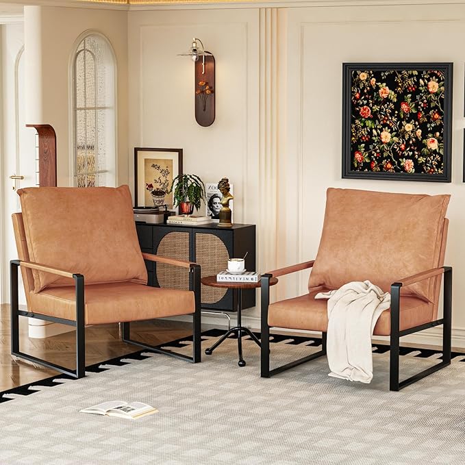 AWQM Leather Accent Chair Set of 2, Sofa Chair with Extra-Thick Padded Backrest & Seat Cushion Single Sofa for Living Room Bedroom, Black Metal Frame, 105 Degree Slant Back-Apricot（Set of 2）