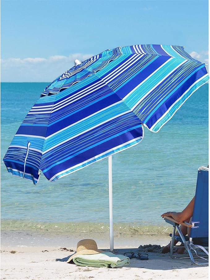 AMMSUN 6.5 ft Heavy Duty Beach Umbrella for Sand with tilt Air Vent Sun Shelter, UV 50+ Protection Outdoor Sunshade Umbrellas and Parasols with Carry Bag for Patio Garden Beach Pool stripe Blue