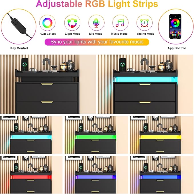 Black Dresser with LED Lights, Wooden LED Dresser, 4 Drawer Chest with Charging Station, Tall Chest of Drawer Closet Organizer for Bedroom, Living Room, Entryway, Hallway
