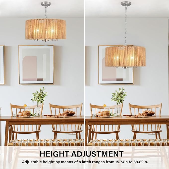 Boho Large Rattan Chandelier, 5-Lights Woven Pendant Lights Fixture, 19" Dining Room Lighting Fixture Farmhouse Nickel Vintage Chandeliers Hanging Light for Living Room Kitchen Entryway Hallway Foyer