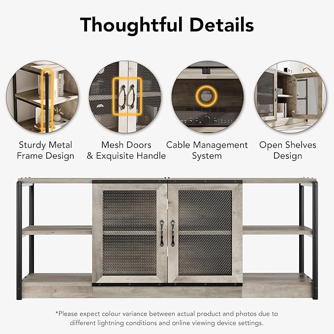Farmhouse TV Stand for 65/75 inches TVs, Industrial Entertainment Center with Double Mesh Doors and Storage Cabinet, Rustic TV for Living Room, Grey