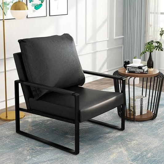 AWQM Modern PU Leather Accent Chair Arm Chair with Extra-Thick Padded Backrest and Seat Cushion Sofa Chairs for Living Room Bedroom, 105 Degree Slant Back, Non-Slip Adsorption Feet-Black（Set of 1）