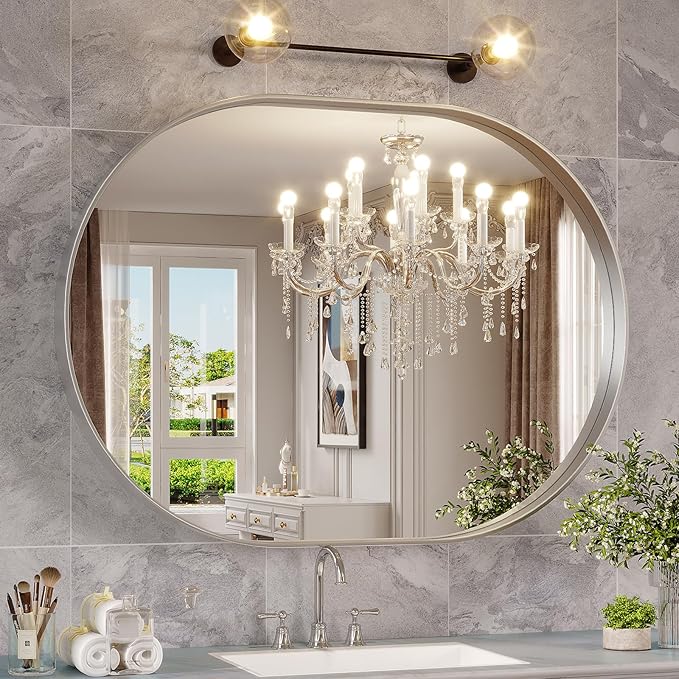 Oval Mirror, 40"30" Silver Bathroom Vanity Mirror, Wall Mount for Entryway, Living Room, Hangs Vertical or Horizontal